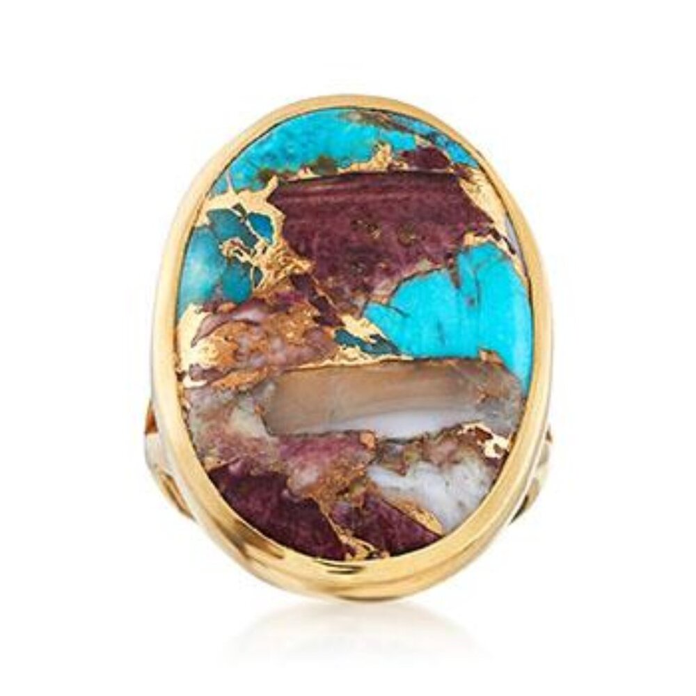 Oval Kingman Turquoise Ring in 18kt Yellow Gold Over Sterling Silver Size 5